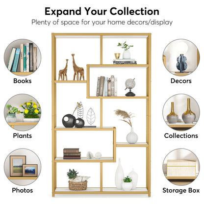 Tribesigns Bookshelf Bookcase, Gold 8-Open Shelf Etagere Bookcase with Faux Marble, Modern Book Shelves Display Shelf