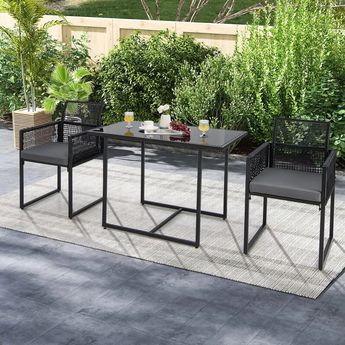 Outdoor 3-Piece Dining Set: Patio Rattan Furniture with Cushioned Seats and Tempered Glass Top