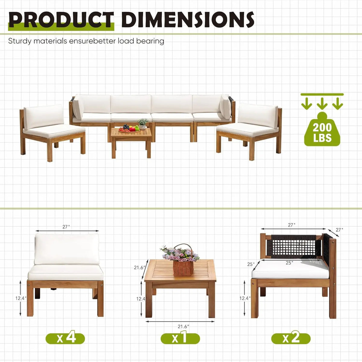 7 Piece Outdoor Acacia Wood Sectional Sofa Set Cushioned Conversation Furniture for Garden Backyard Poolside, Customized