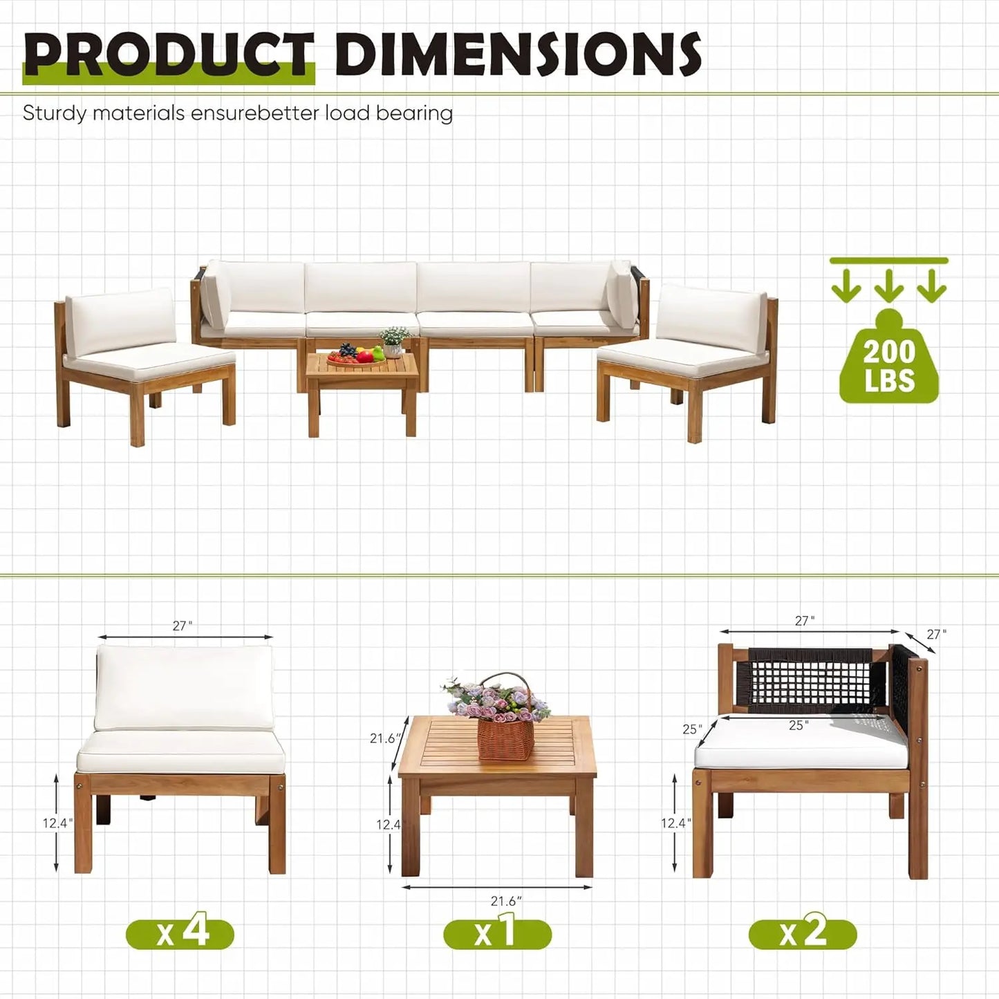 7 Piece Outdoor Acacia Wood Sectional Sofa Set Cushioned Conversation Furniture for Garden Backyard Poolside, Customized