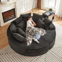 Oversized Corduroy Sofa with Recliners, 2-in-1 Bed, Lounge Chair, Neck Pillow, 5 Throw Pillows (Black)