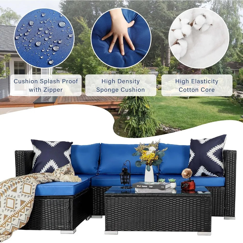 5-Piece Modern Blue PE Rattan Patio Furniture Set, Outdoor Living Room Sets, Patio Furniture