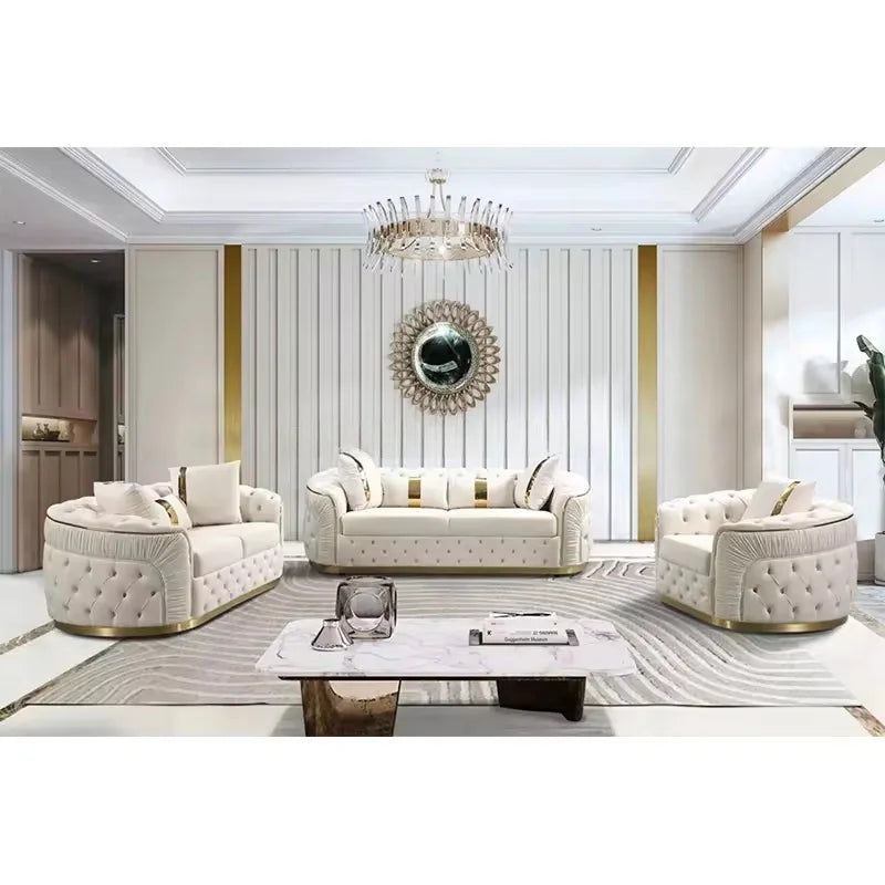 Modern Luxury Custom Wooden Frame Couch Sofa Velvet Fabric Button Tufted Living Room Sofa Set Furniture