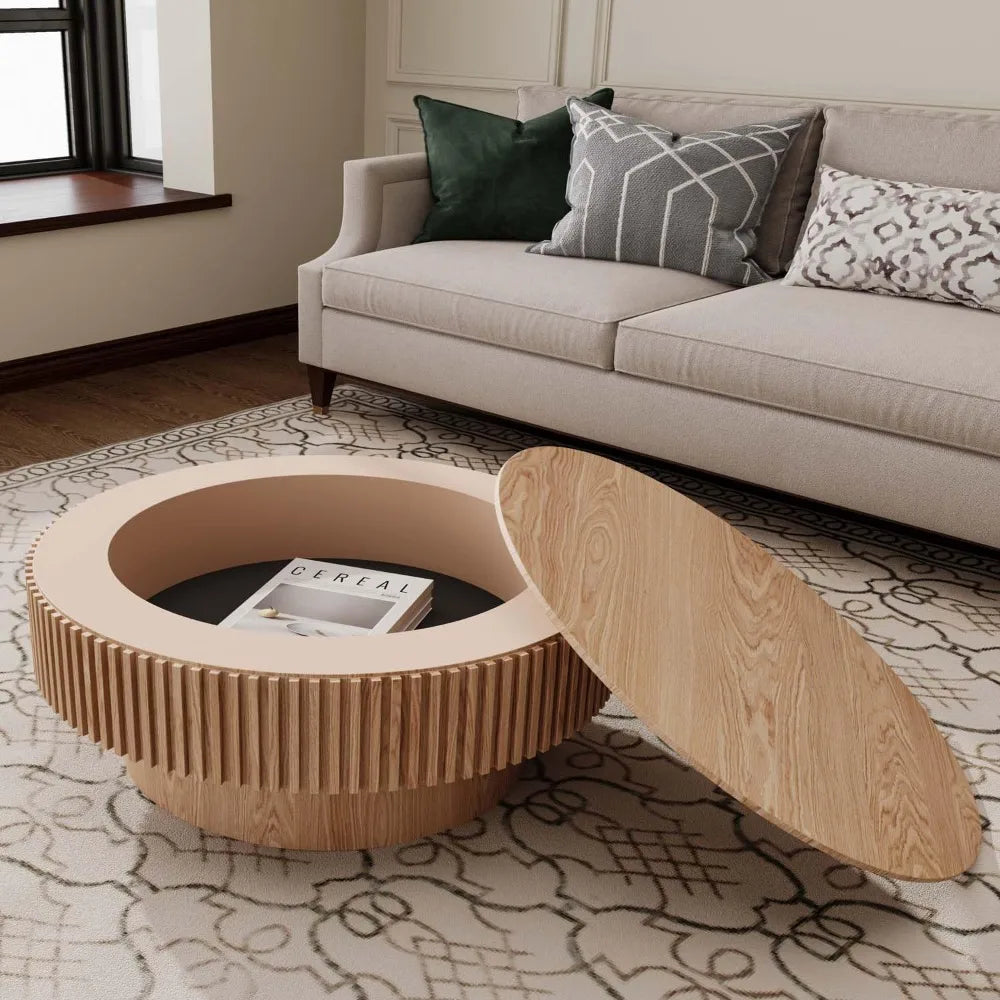 Hot-Sell! Round Coffee Table with Storage, Modern Wooden Coffee Table with Solid Wood Veneered, Circle Center Accent Tea Table