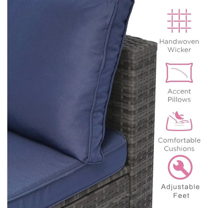 7-Piece Outdoor Rattan Sectional Sofa Set, Gray Wicker Patio Furniture Sets with Navy Blue Cushions for Balcony, Porch, Backyard