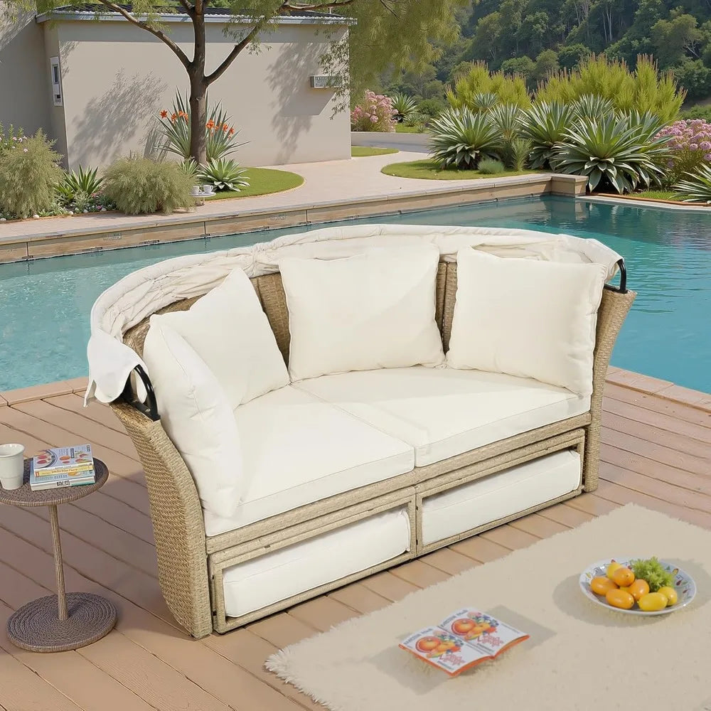 Outdoor Canopy Bed Patio Daybed with 4 Pillows, Wicker Rattan Double Daybed Round Sofa Furniture Set with Retractable Canopy, 2