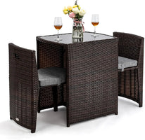 3 PCS Wicker Outdoor Patio Bistro Set Patio Furniture Set for Small Space with Glass Top Table Dining Chairs Balcony Furniture P