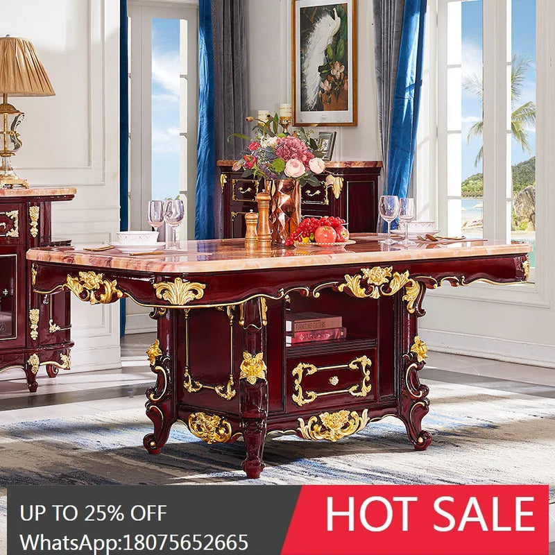 HLZ European Style Solid Wood Dining Table with Marble Top for Home Use, Villa Large Dining Table and Chair Set