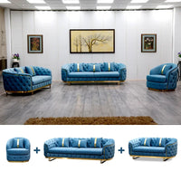 -Luxury Gold Legs Stainless Steel Blue Button Tufted Velvet Chesterfield Sofa Set 3 2 Seater SofaLiving Room Couch Set Furniture