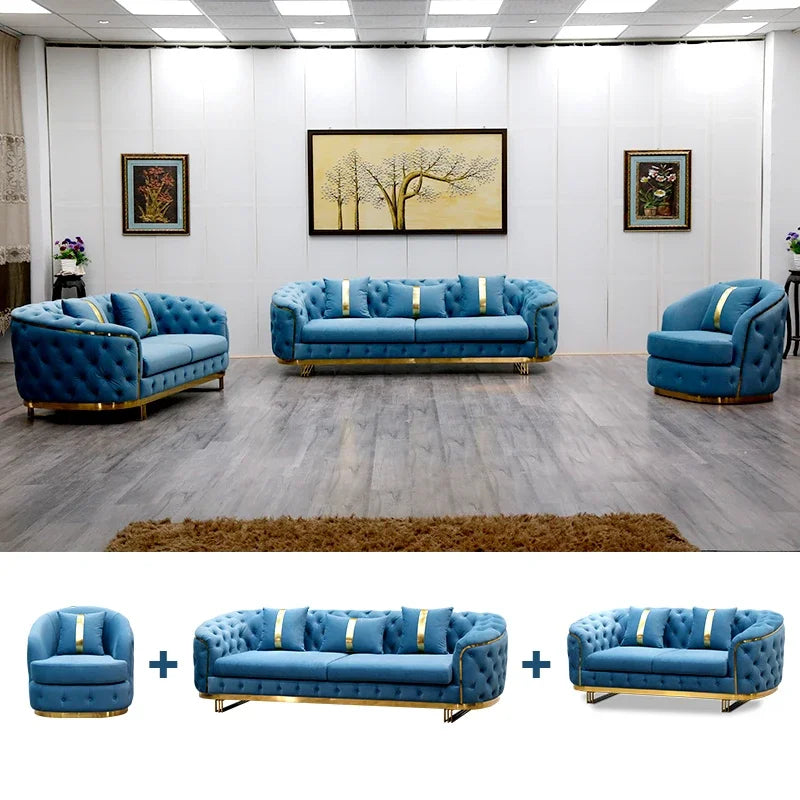 -Luxury Gold Legs Stainless Steel Blue Button Tufted Velvet Chesterfield Sofa Set 3 2 Seater SofaLiving Room Couch Set Furniture