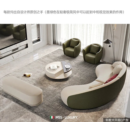 Two-color U-shaped villa leather sofa, modern light luxury semi-curved sofa