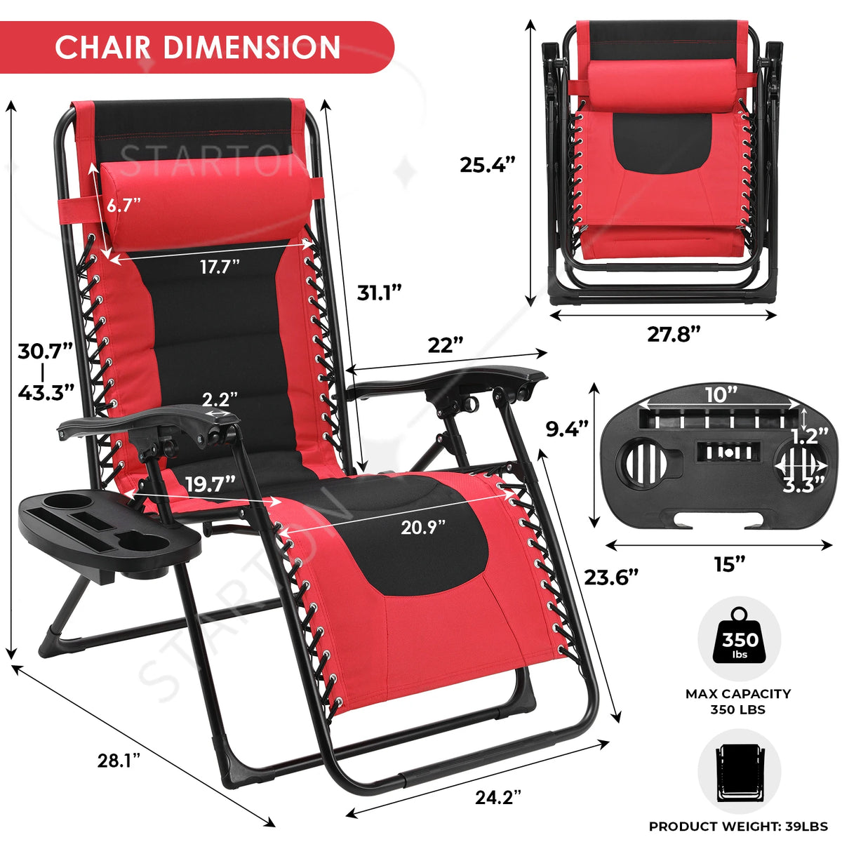 160kg Outdoor Folding Lounge Chair  Patio Chaise Lounge Recliner Adjustable Headrest &Cup Holder Outside Reclining