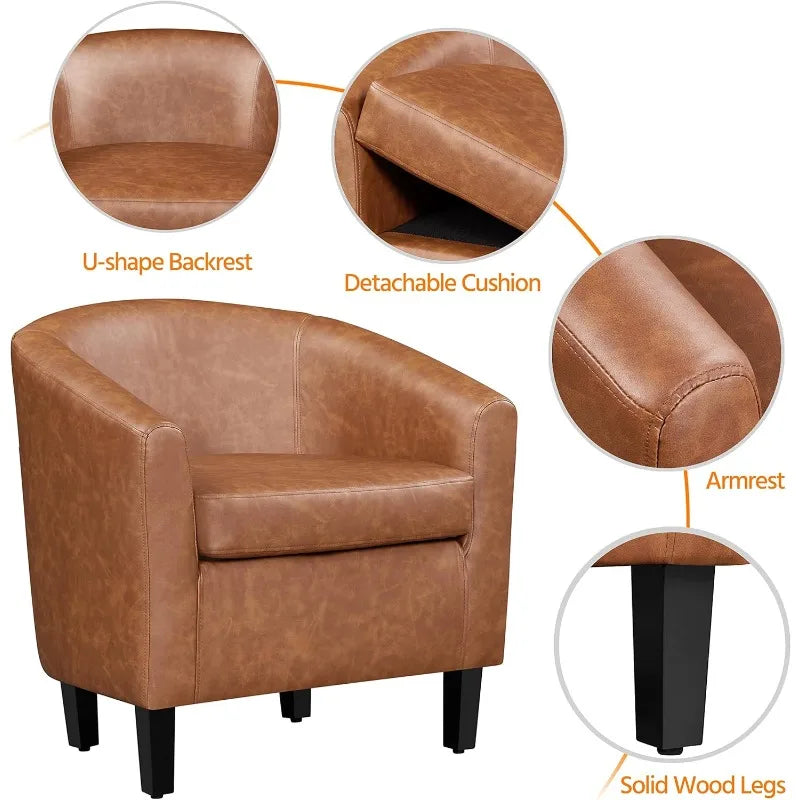 Leather Accent Chair, Faux Leather Armchair, Modern Barrel Club Chair With Soft Seat For Living Room Bedroom Reading