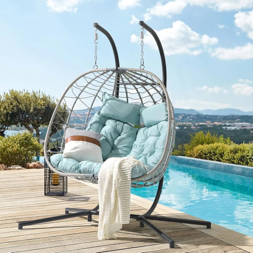 2 Person Double Egg Swing Chair with Stand Indoor Outdoor, Patio Wicker Rattan Hanging Egg Chair w/Cushion, Pillow, Fo
