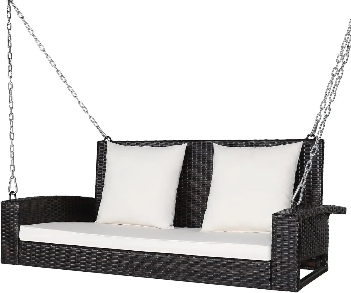 l Hanging Porch Swing, 2-Person Outdoor Wicker Swing Chair Bench With Cushions, Steel Chains For Garden, Backyard, Deck L