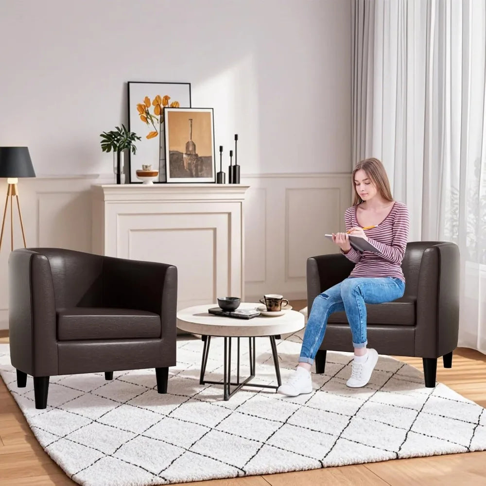 Living Room Chairs with Soft Padded, Barrel Chairs with Solid Wood Legs, Easy Assembly, Leather Chair for Living Room/Bedroom/Re