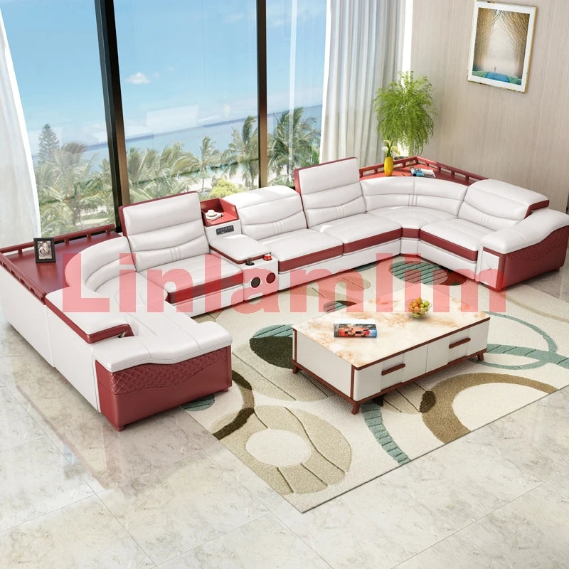 MANBAS Italian Cow Genuine Leather Couch Set Big Sofas Modernos Para Sala with Speaker, Bluetooth Audio, USB Charging,Storage
