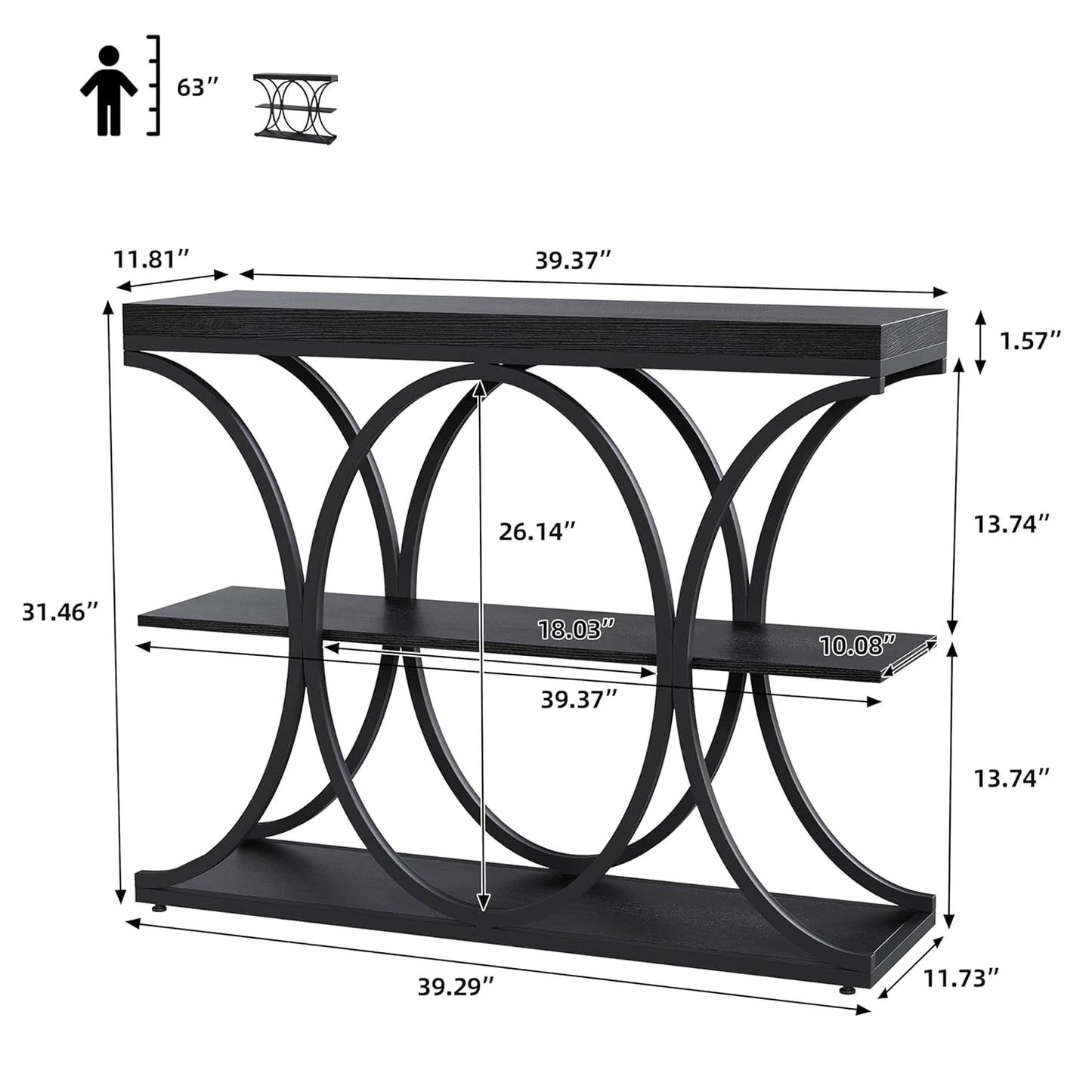 39" Narrow Console Tables for Entryway, Industrial 3-Tier Sofa Table with Metal Frame and Storage Shelves for Living Room,Foyer