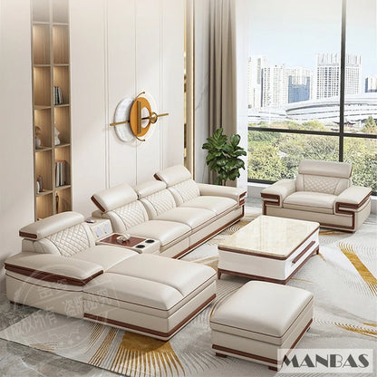 MINGDIBAO Premium Italian Genuine Leather Sofa Set for Living Room with Adjustable Headrests and Built-in Bluetooth Speaker, USB