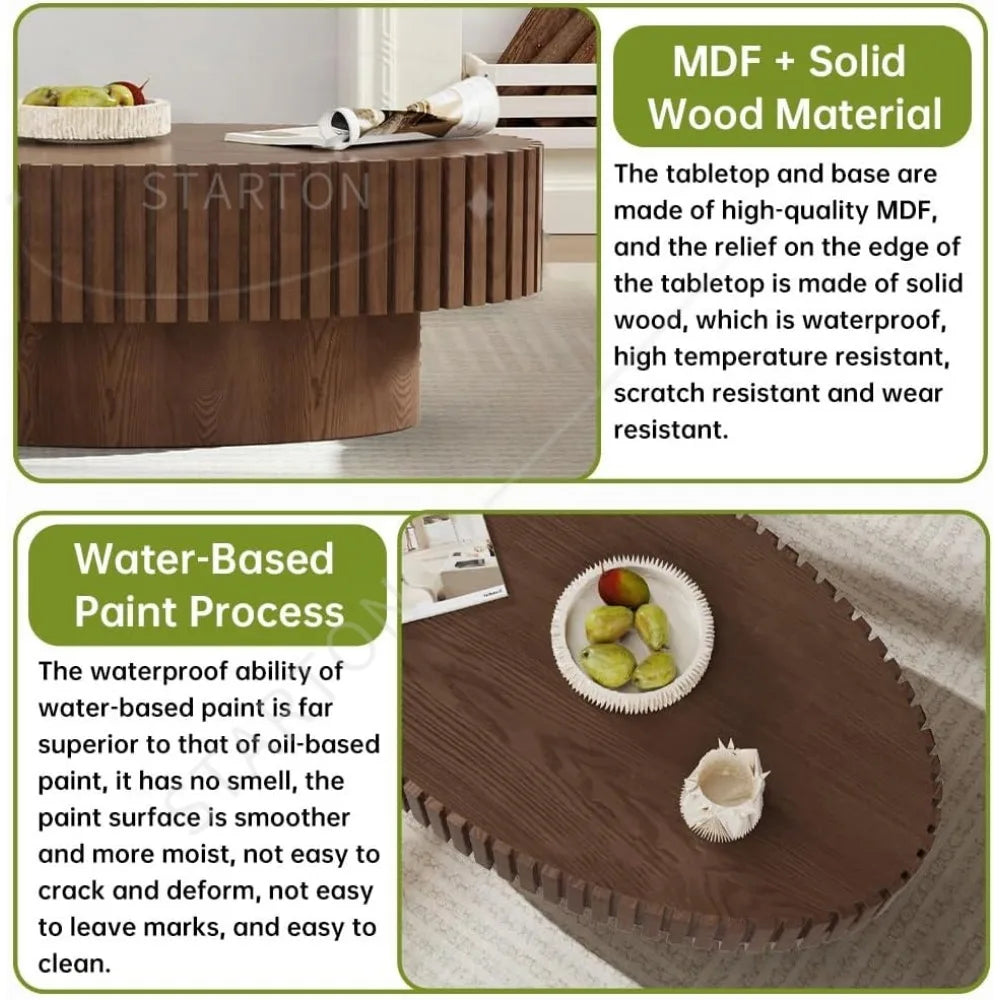 Oval Coffee Table, Brown Drum Fluted, Mid Century Modern, Irregular Pedestal Center, For Living Room Farmhouse