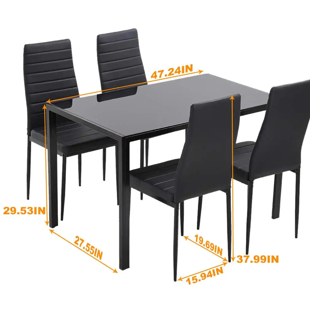 Dining Room Table Set 5-Piece Kitchen with 4 Faux Leather Metal Frame Chairs Rectangular Modern for Small Spaces w/Glass Tableto