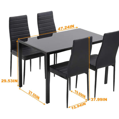 Dining Room Table Set 5-Piece Kitchen with 4 Faux Leather Metal Frame Chairs Rectangular Modern for Small Spaces w/Glass Tableto