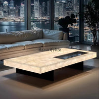 **Rectangle living room coffee table luminous jade luxury stone villa marble natural high-grade light luxury minimalist mansion