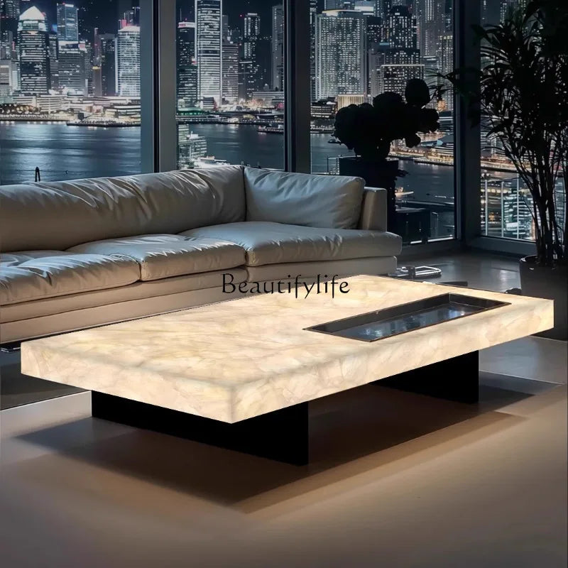 **Rectangle living room coffee table luminous jade luxury stone villa marble natural high-grade light luxury minimalist mansion