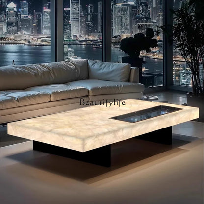 **Rectangle living room coffee table luminous jade luxury stone villa marble natural high-grade light luxury minimalist mansion