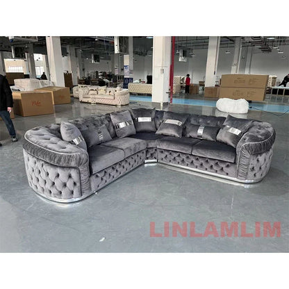 A Luxury Chesterfield Sectional Sofa Set With Cloth Buttons And Fabric Modular Couch With Gold Stainless Steel Base, 3-seater So