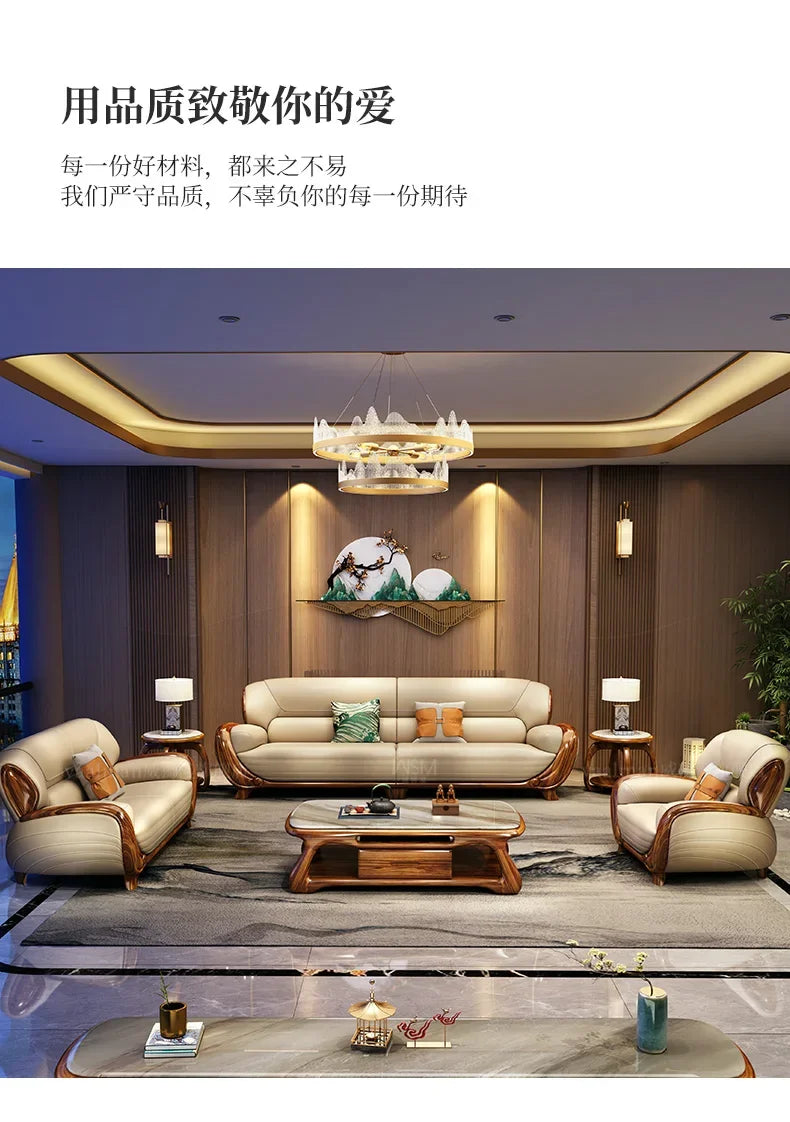 A71Chinese ebony leather sofa modern simple solid wood villa living room leather sofa