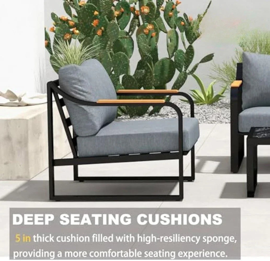 v Metal Patio Furniture Set, 4 Pieces Outdoor Conversation Set with Thick Cushion Modern Patio Chat Sofa Set for Balcony  rattan