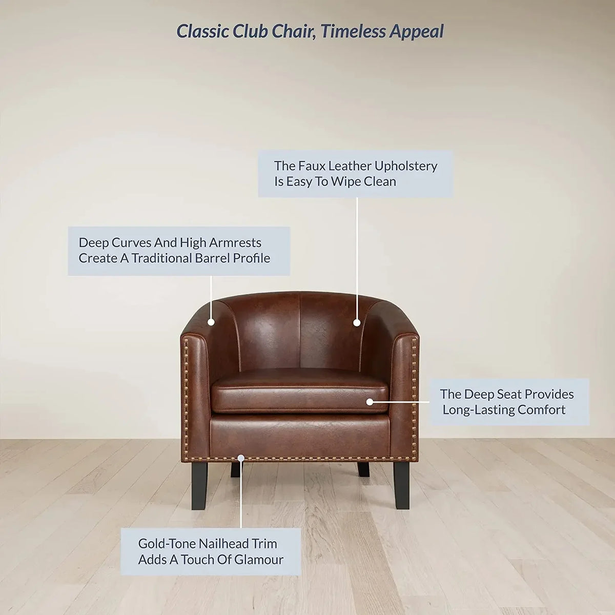 Modern Tub Club Chair Upholstered Armchair for Living Room Faux Leather Chair with Gold Nail Head Trim Black Legs