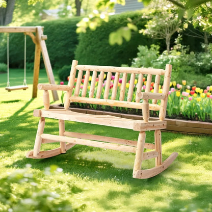 33.5in Wooden Rocking Chair Country Style Log Built 2 Person for In/Outdoor