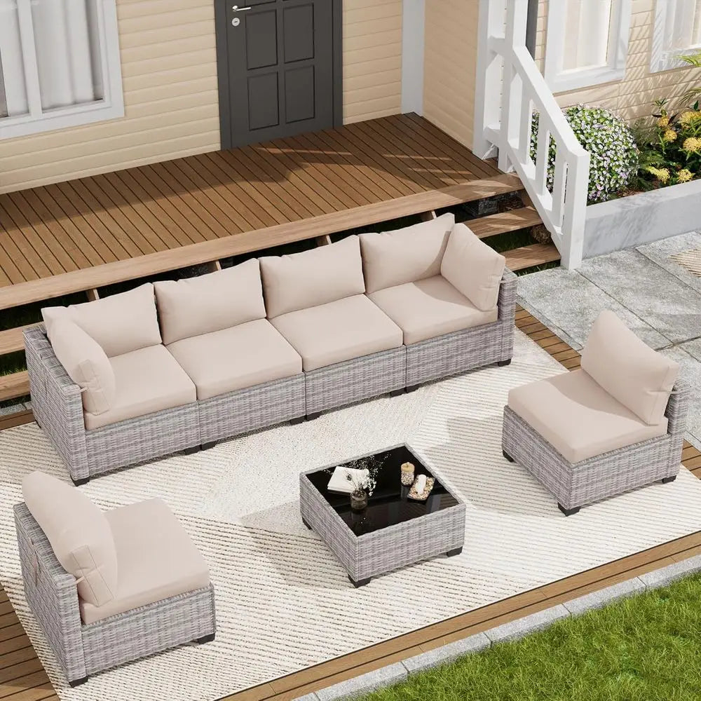 7-Piece Outdoor Patio Furniture Set, Sectional Sofa, Wicker Rattan, with Coffee Table and Cushions
