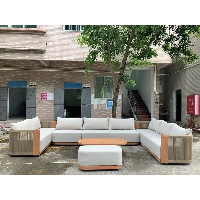 Outdoor Furniture Lounge Sets Modern Garden Teak Wood Couch Sofa Luxury Style Combination Teakwood Rope Sofa Set