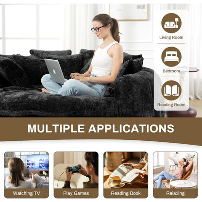 Oversized Round Chaise Lounge, Plush Lazy Bean Bag Sofa with 14 Pillows, Comfortable Chenille Upholstered Barrel Sleeper Bed