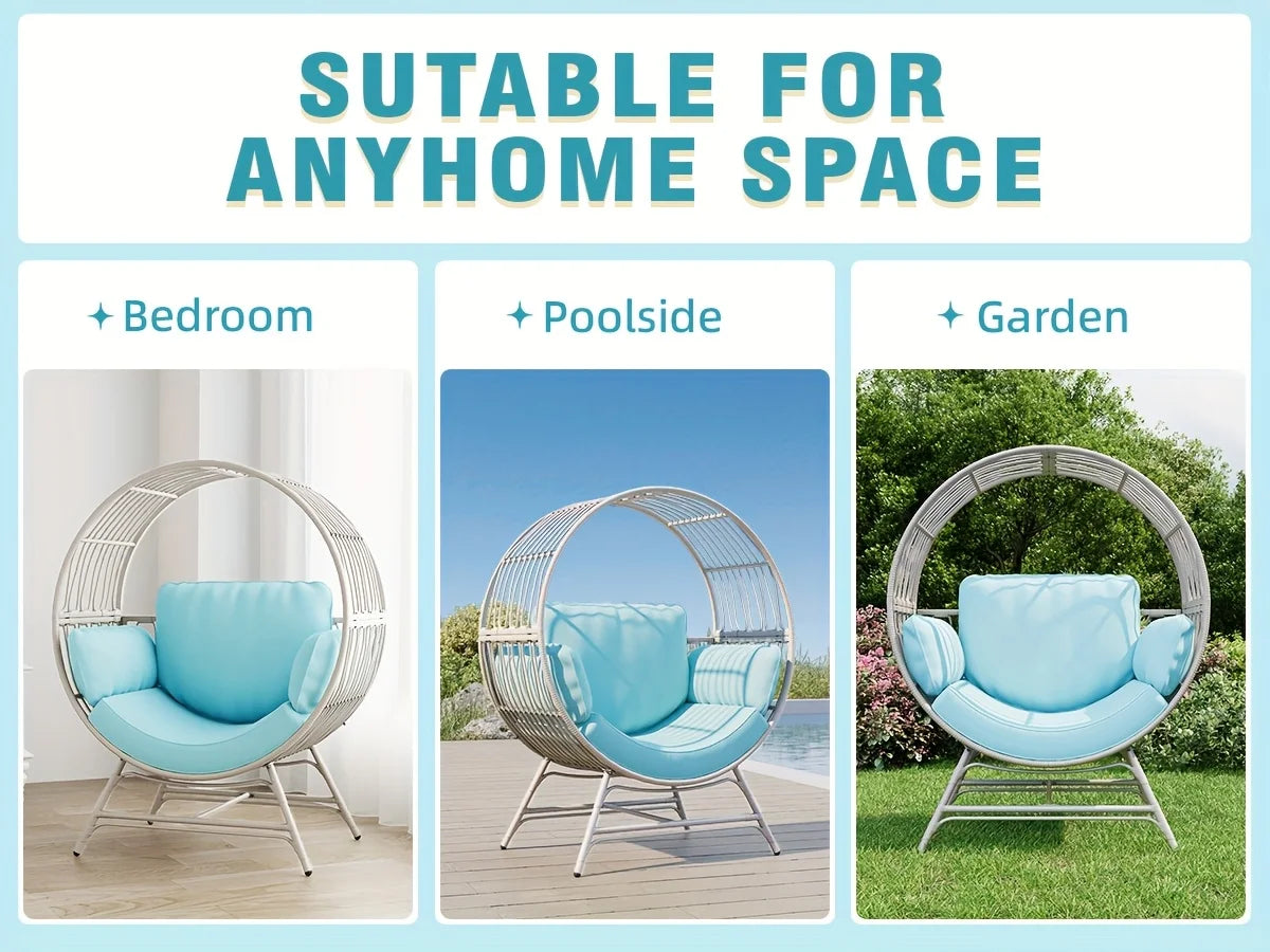 Wicker Round Egg Chair, Oversized Outdoor Lounger For Patio, W/ 4 Cushions, Steel Frame, 330lbs, Rattan Moon Chair