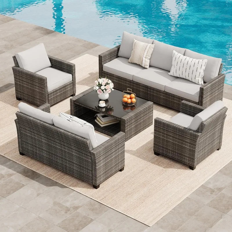 7-Seater Outdoor Sofa Set, 5-Piece Rattan Furniture with Table & Blue Cushions for Garden, Patio