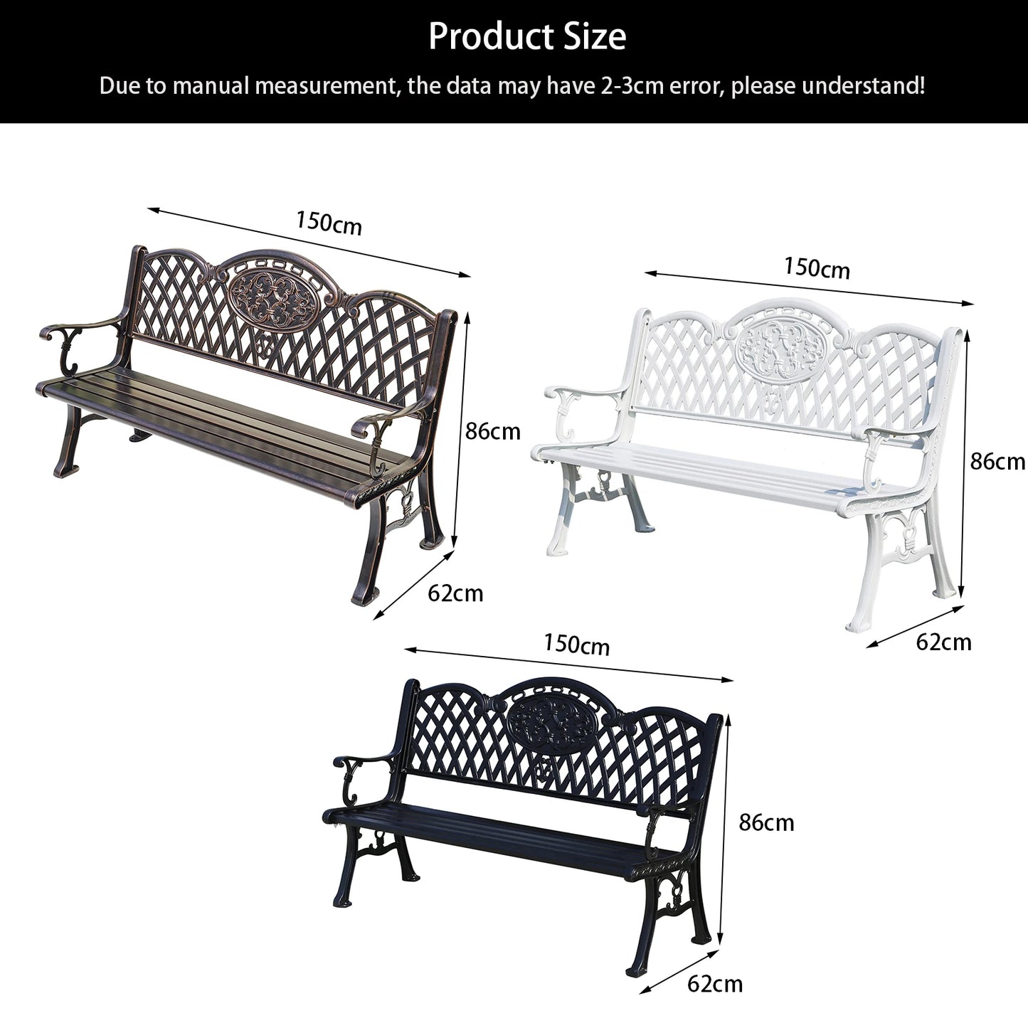 150CM Cast Aluminum Outdoor Bench Chair Patio Bench Metal Benches Park Bench for Garden Outdoor Patio Leisure