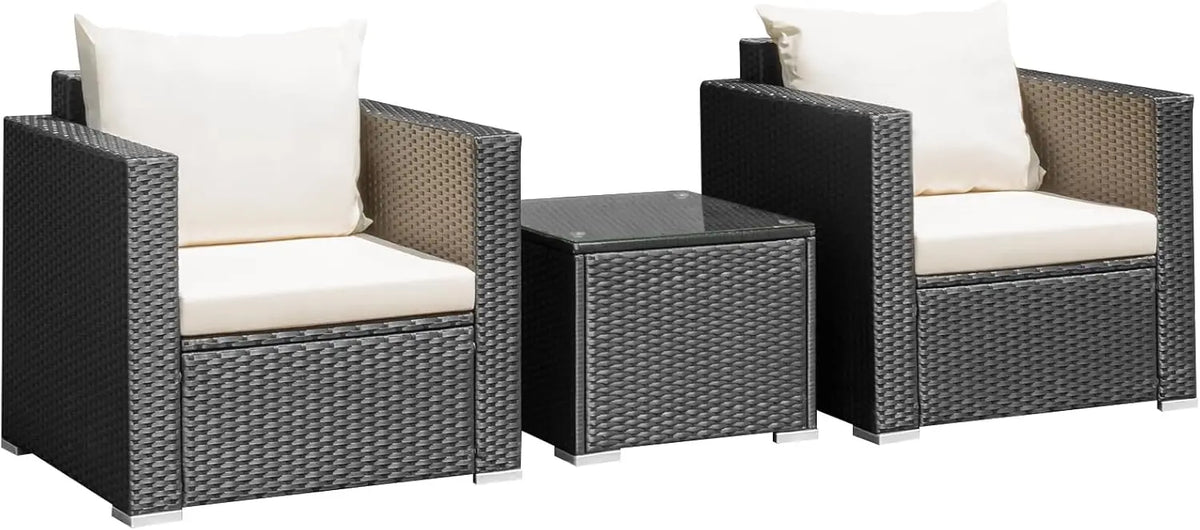 Three Piece Patio Set, Outdoor Rattan Sofa With Cushions, Tempered Glass Tabletop, Wicker Conversation Furniture