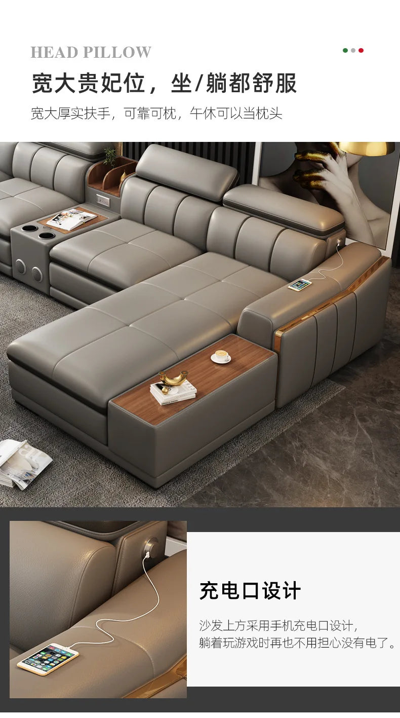 Beautify Your Living Room with Linlamlim Italian Genuine Leather Sofa - Bluetooth Speaker, Adjustable Headrests and USB Charging