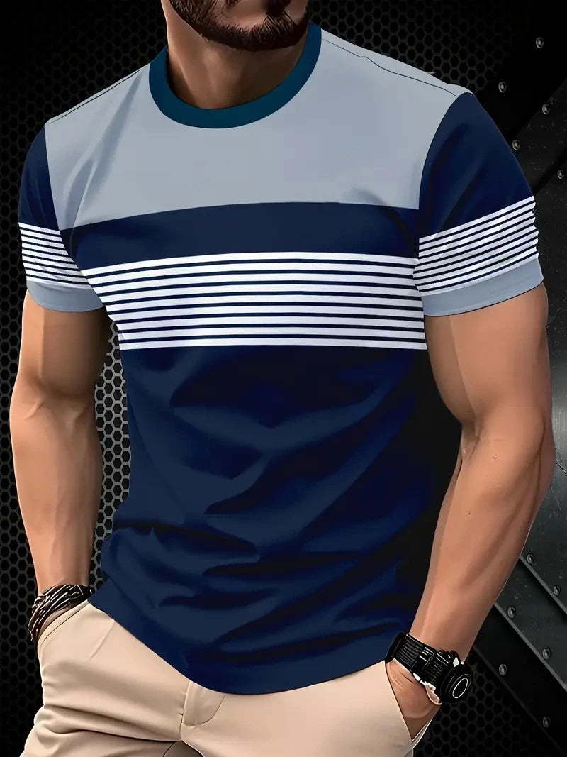 Outdoor Men's T Shirt Summer Fashion Casual Round Neck Short Sleeve Top Striped Printed Style Asian Size Men's Clothing T-shirt