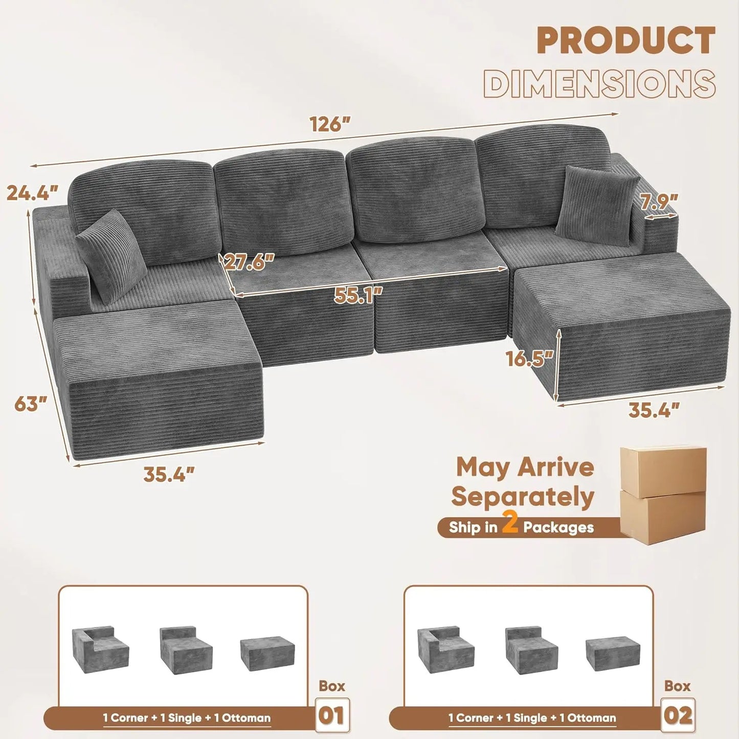 126" Modern Fabric Boneless Couch with Deep Seat, Sectional Couches for Living Room, Upholstered Cloud Sofa with 2 Ottoman