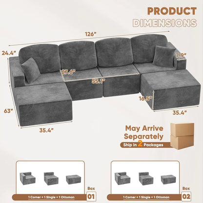126" Modern Fabric Boneless Couch with Deep Seat, Sectional Couches for Living Room, Upholstered Cloud Sofa with 2 Ottoman