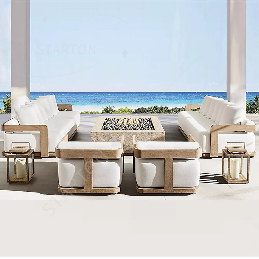 Contemporary Style Comfortable Teak Wood Garden Furniture Set Modern Outdoor Patio Conversation Sofa with Fire Pit