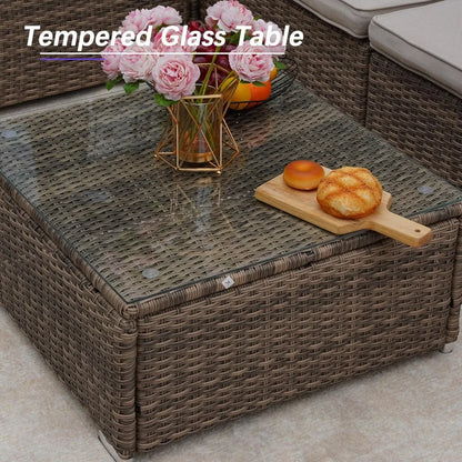 7 Piece Patio Furniture Set, Outdoor Patio Conversation Set, All-Weather Rattan Wicker Sectional Sofa Couch w Water Resistant Th