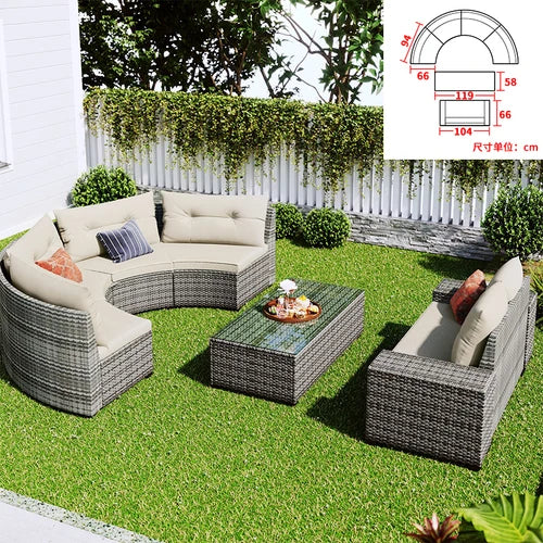 Sofa, courtyard, garden, leisure, outdoor living room, semi circular curved rattan chair, terrace, outdoor furniture combination
