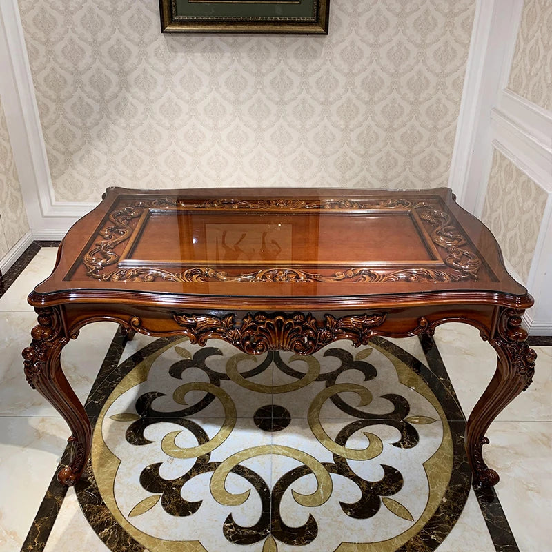 European-style all-solid wood dining table and chairs, living room, luxury villa home square table, French glass dining table, A