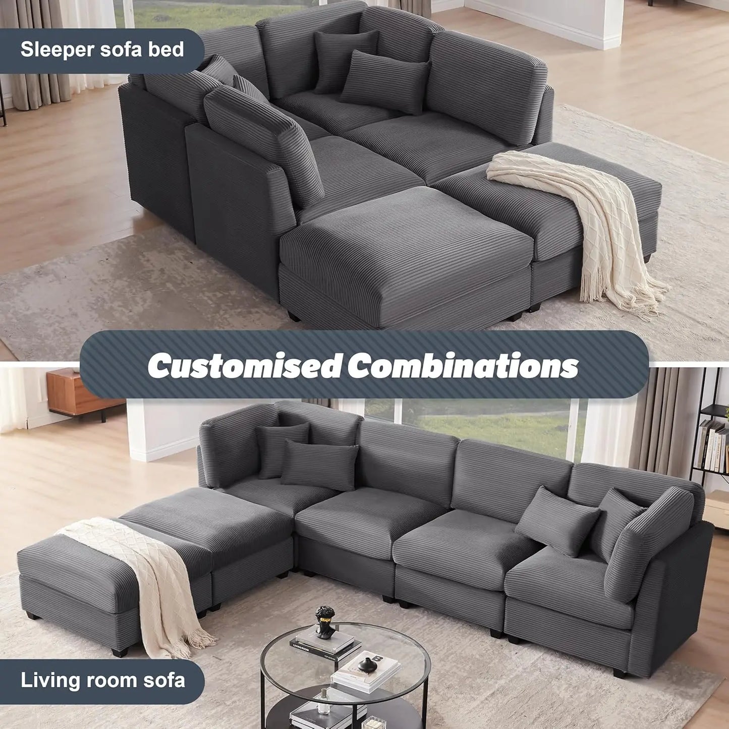 "large 125 inch u-shaped corduroy modular sofa with storage and 6 convertible seats"